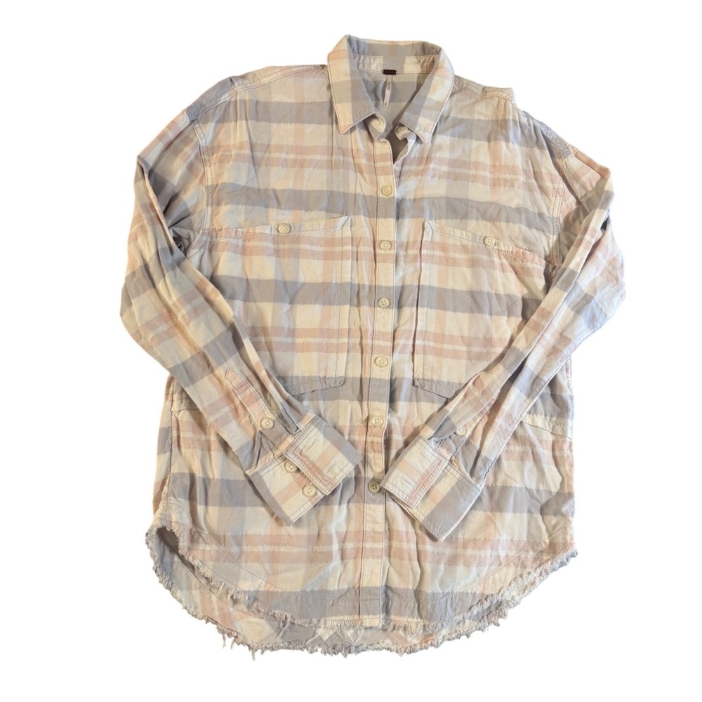 Free People Plaid Button Down Shirt Pastel Frayed Hem Oversized Small